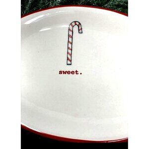 Rae Dunn SWEET Candy Cane 8 Inch Oval Plate Red Rim Trim White Holiday Christmas